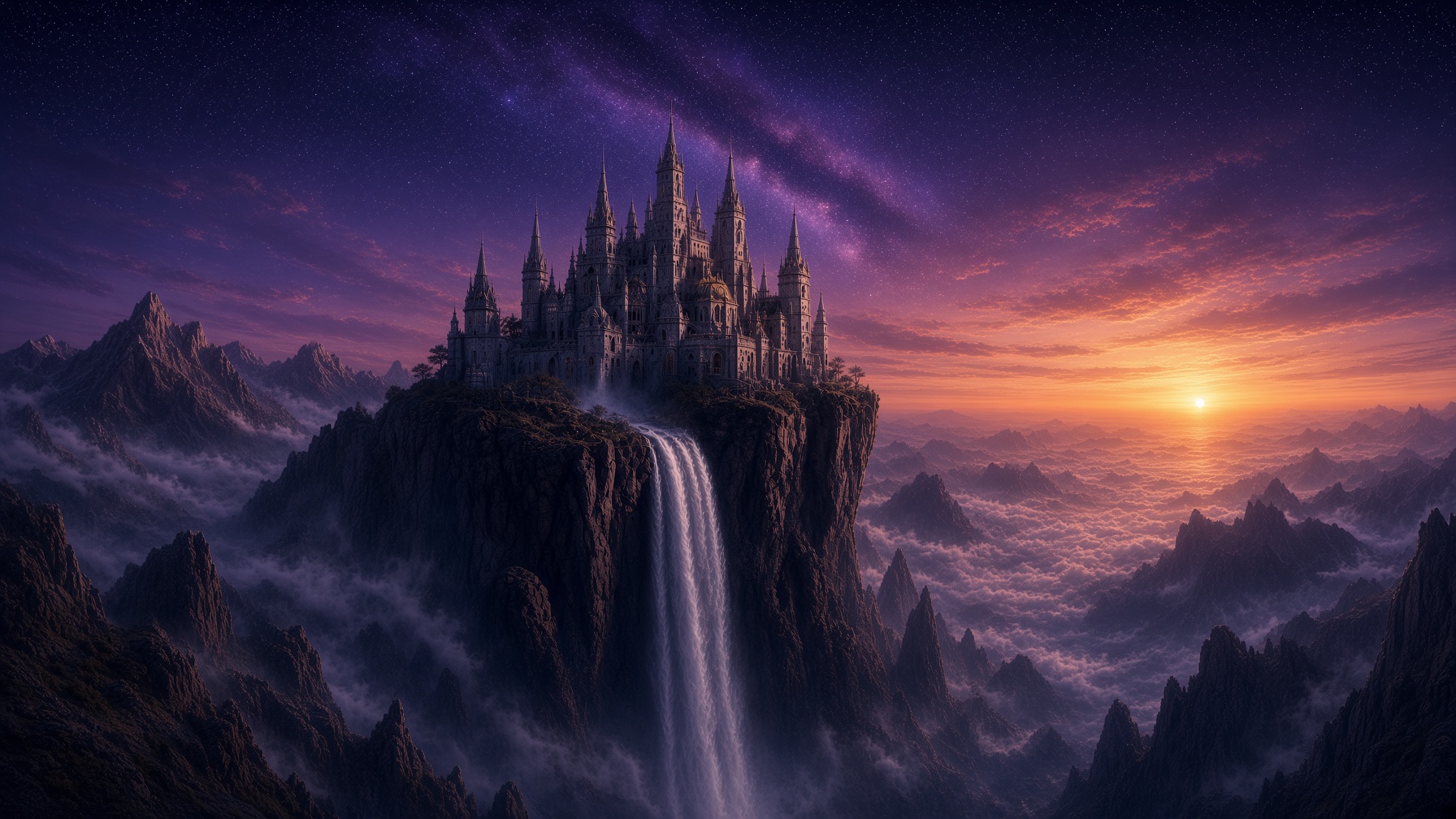 A moonlit castle on a cliff above a waterfall at sunset